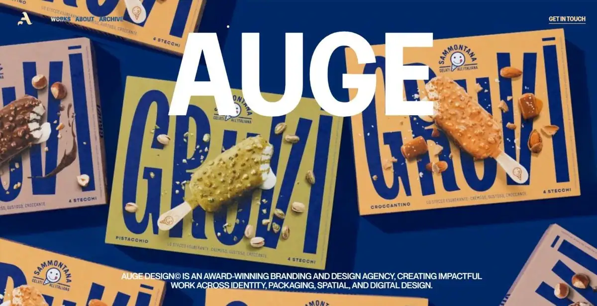 The website home page of AUGE Design, one of the best product packaging designers